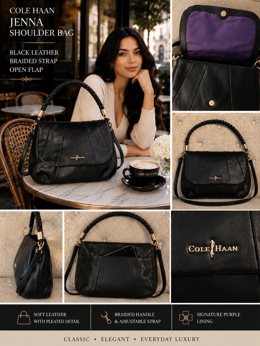 Cole Haan Jenna Leather Shoulder Bag Black Braided Strap NWT - Picture 2 of 15